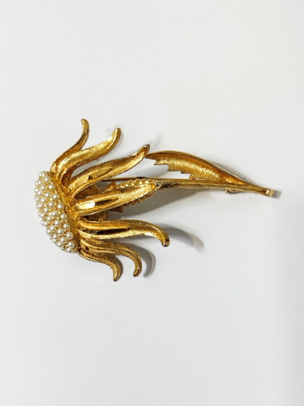 Vintage Signed BSK Sunflower Brooch Gold Tone Pearl